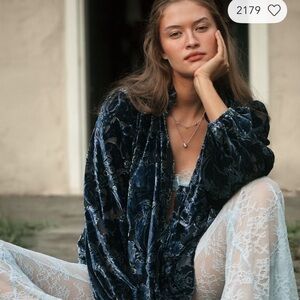 Anthropologie Navy Velvet Floral Blouse